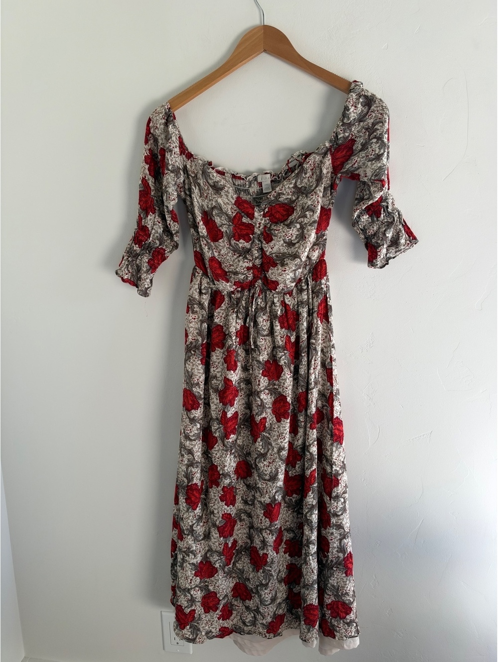 Hinge Floral Midi Dress XXS Red Gray Cottagecore Romantic Puff Sleeve